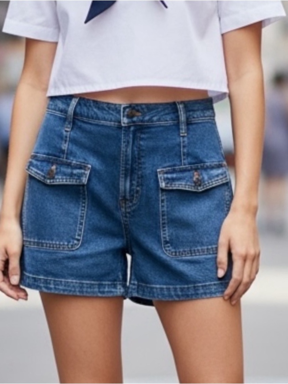 Madewell Sailor Denim Snap Patchwork Oversized Pocket Shorts SZ 31